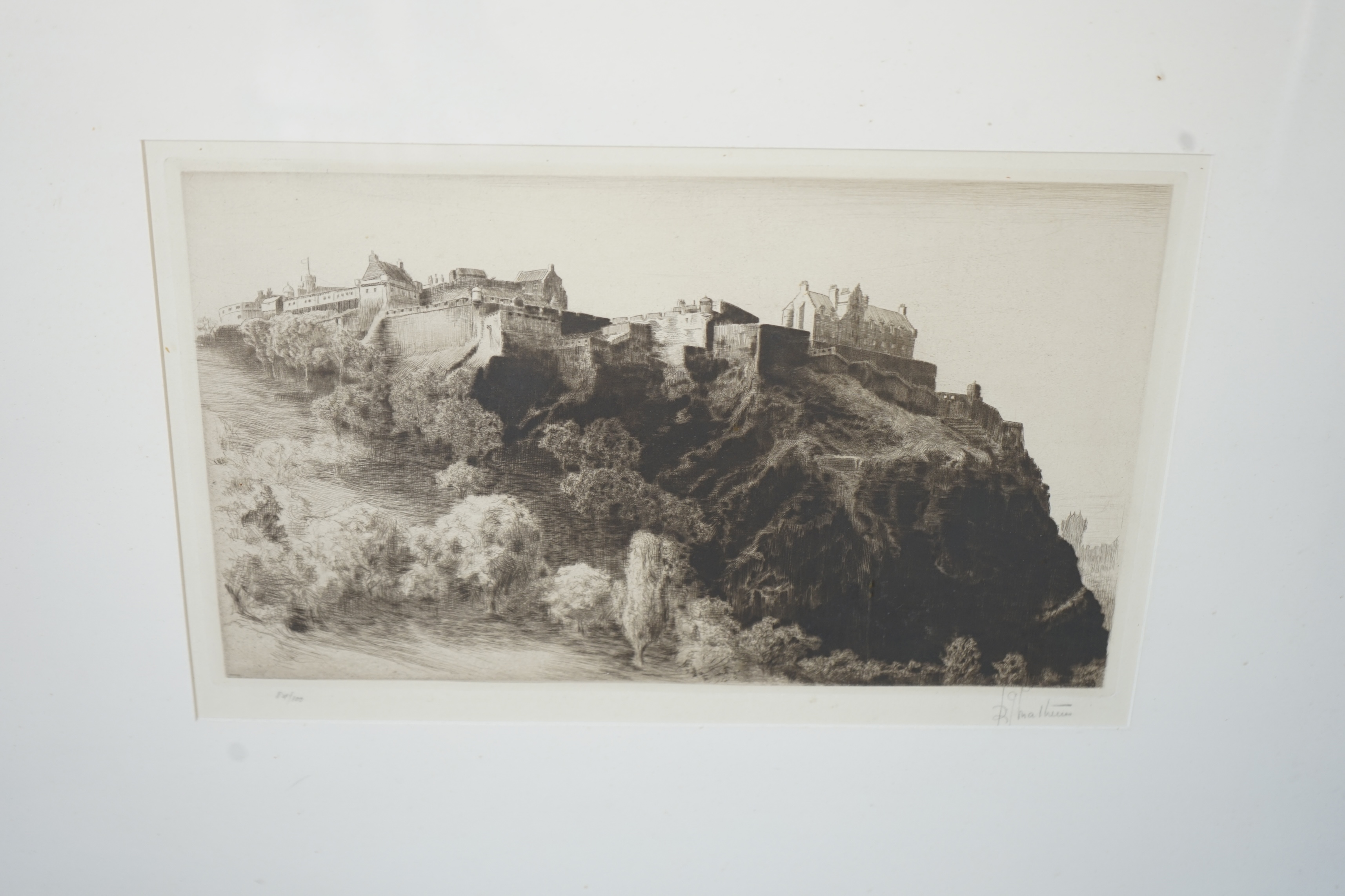 A collection of seven dry point etchings, by artists including, Mortimer Luddington Menpes, Johnson Baird, Albany Howard, Louis Whirter, each signed in pencil, 37 x 25.5cm. Condition - fair
